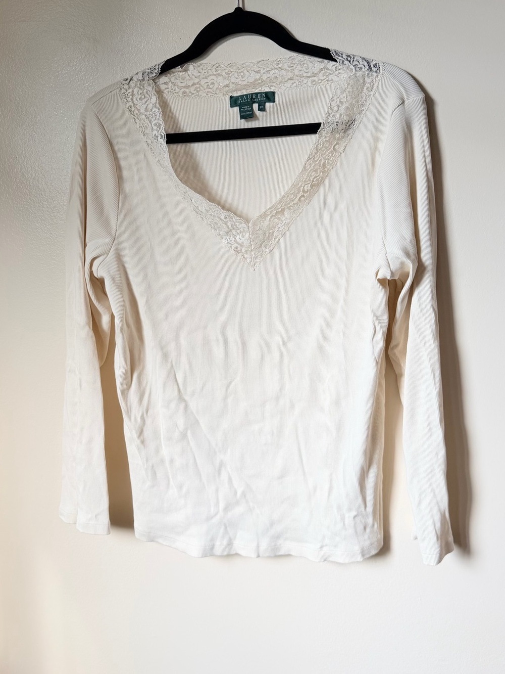 Lauren Ralph Lauren 2X Ivory Cream V-neck Knit Top Plus Size Classic Minimalist